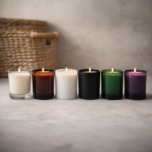 Six luxury 30cl glass candles in clear, amber, white, black, green and purple on stone background