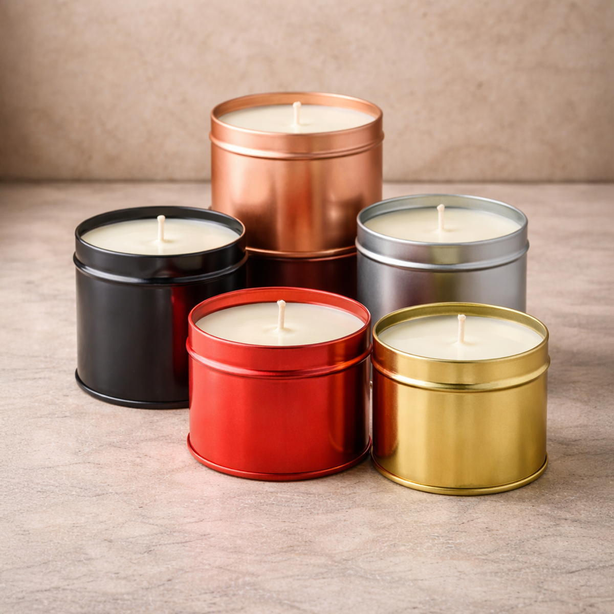 Five luxury soy wax tin candles in black, copper, silver, red and gold on a stone background